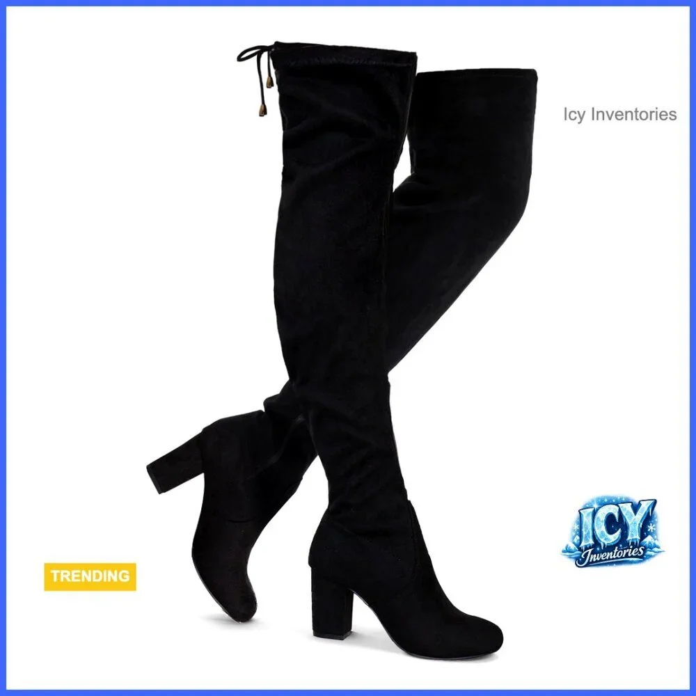Suede Over The Knee Boots with 3 Inch Chunky Heels Zipper
